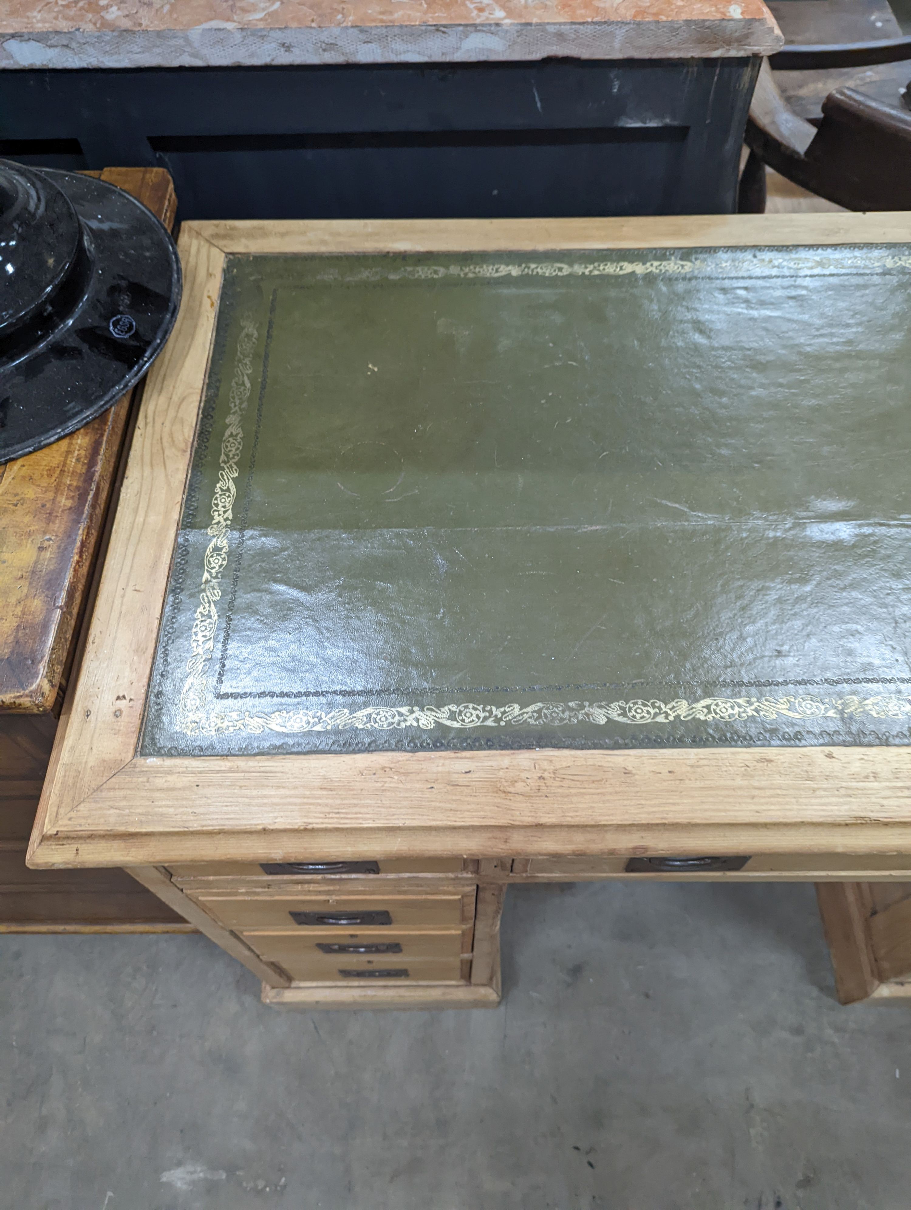 A late Victorian military style pine kneehole desk, width 102cm, depth 55cm, height 75cm